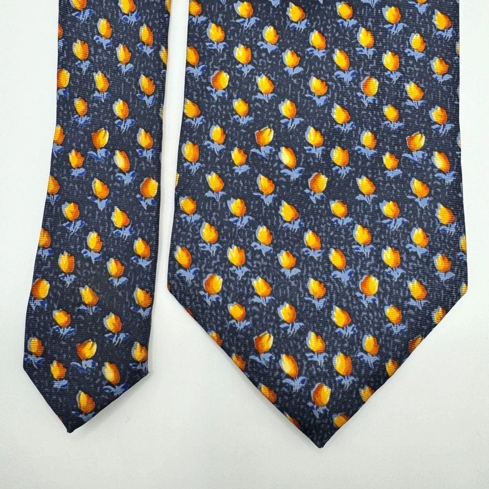 Metropolitan‎ Museum of Art Mens Silk Tie Navy Blue Orange Tulip Floral MMA